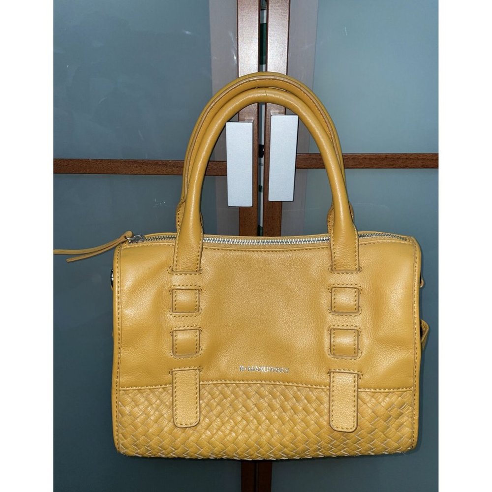 B.Makowsky Woven Accented Tan Leather Top Handle Satchel Tote Purse Handbag